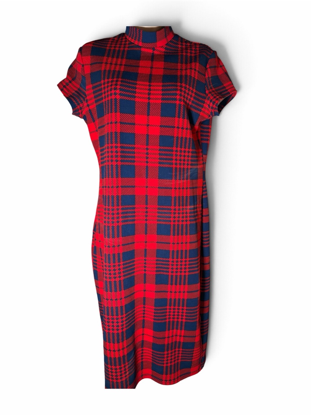Red & Navy Plaid Midi Dress with High Neck